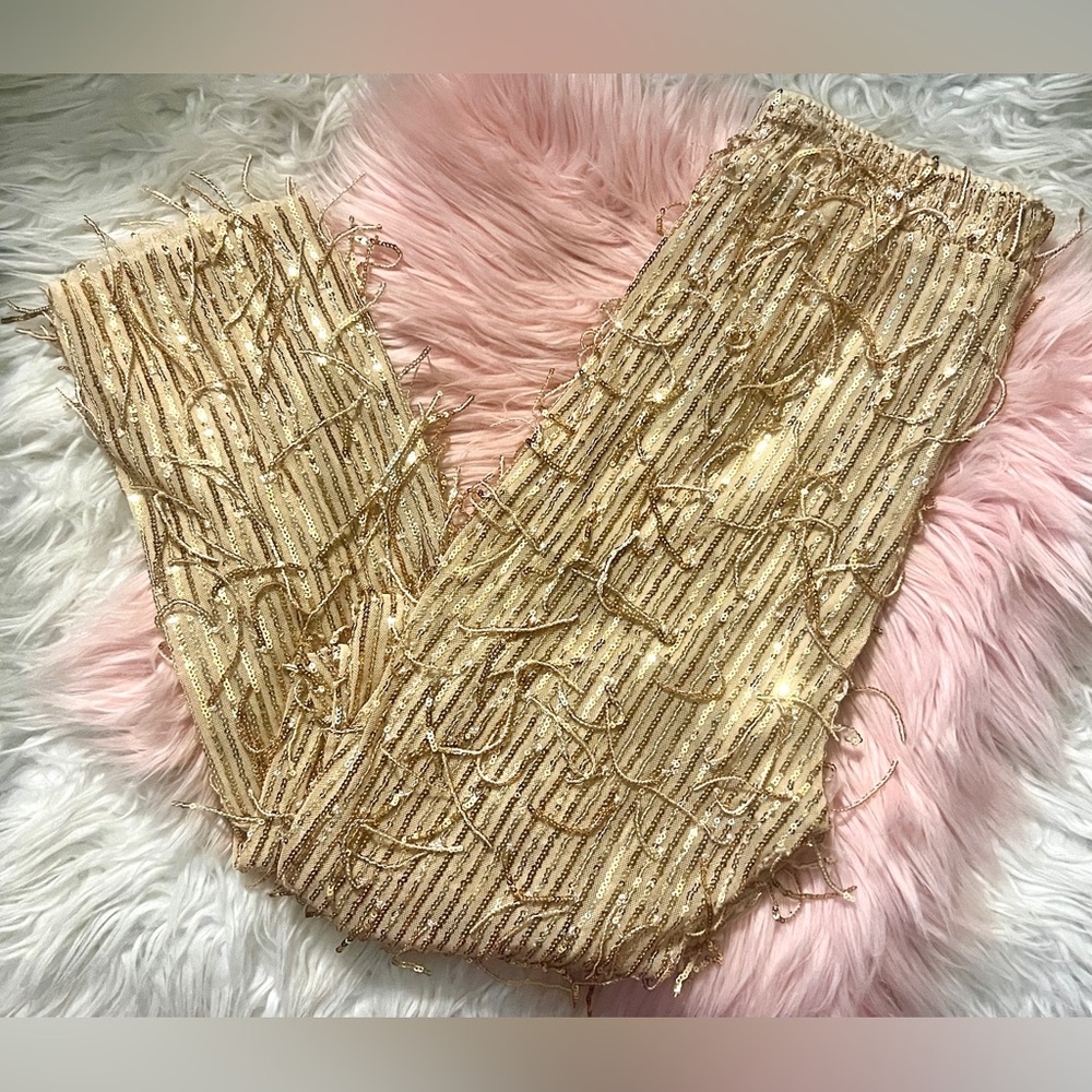 Hot & Delicious Gold Metallic Sequin Tassel Trousers! Sz S! Shine On, Baby!